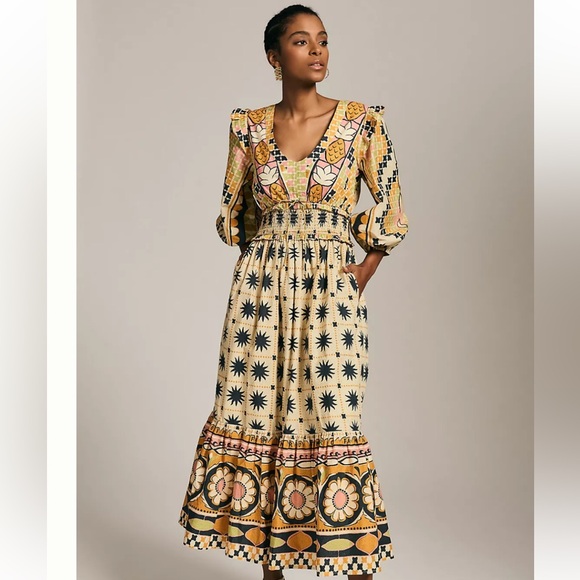 Anthropologie Farm Rio Tropical Sunshine V-Neck Dress